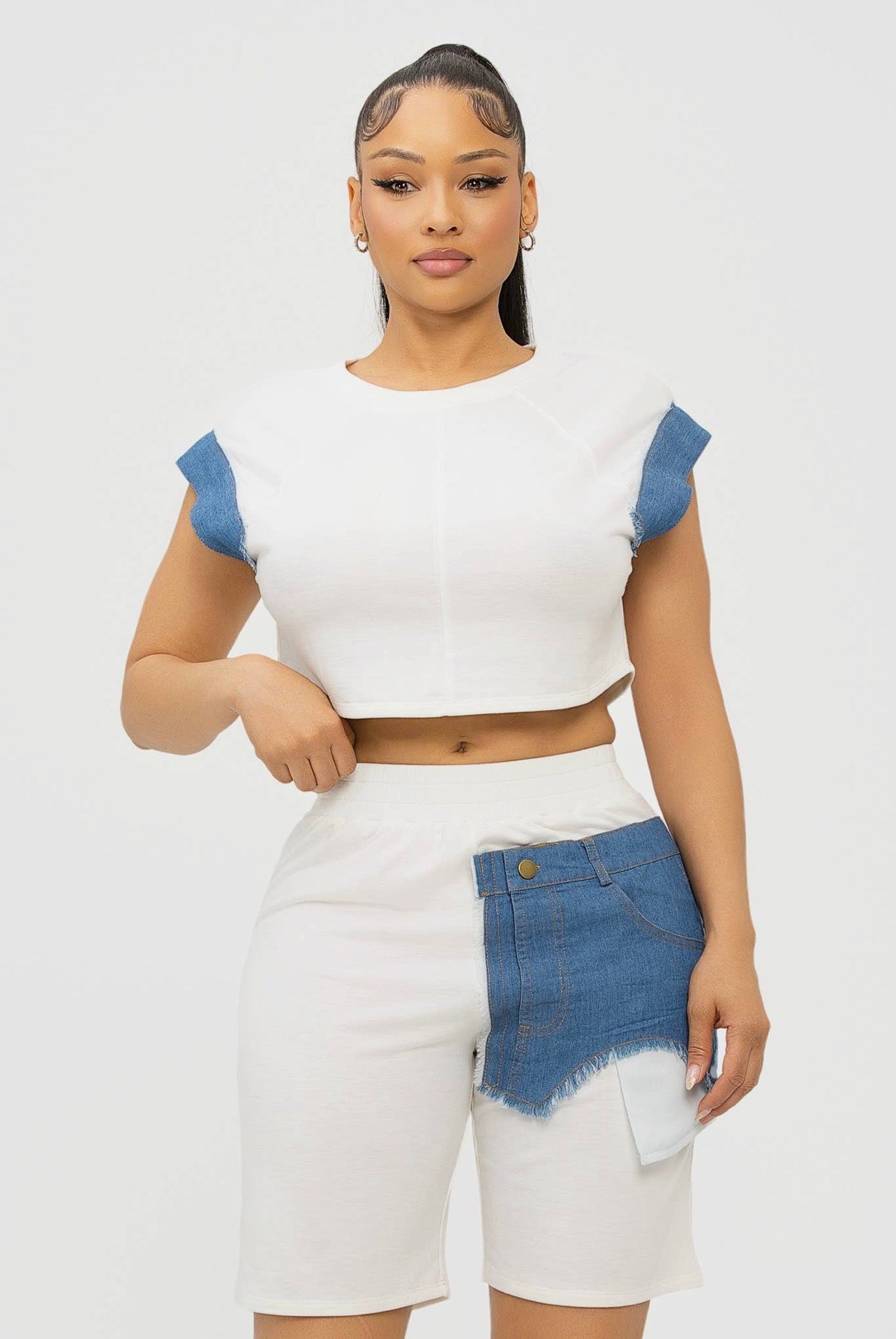 Denim Patch Crop Top & Biker Shorts Set -