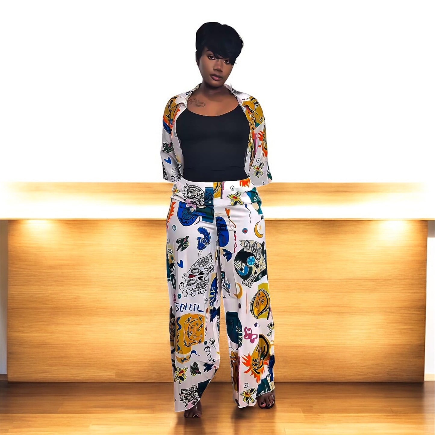 Graffiti Print Shirt Wide-Leg Trousers Set