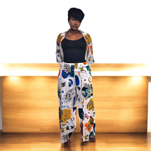 Graffiti Print Shirt Wide-Leg Trousers Set