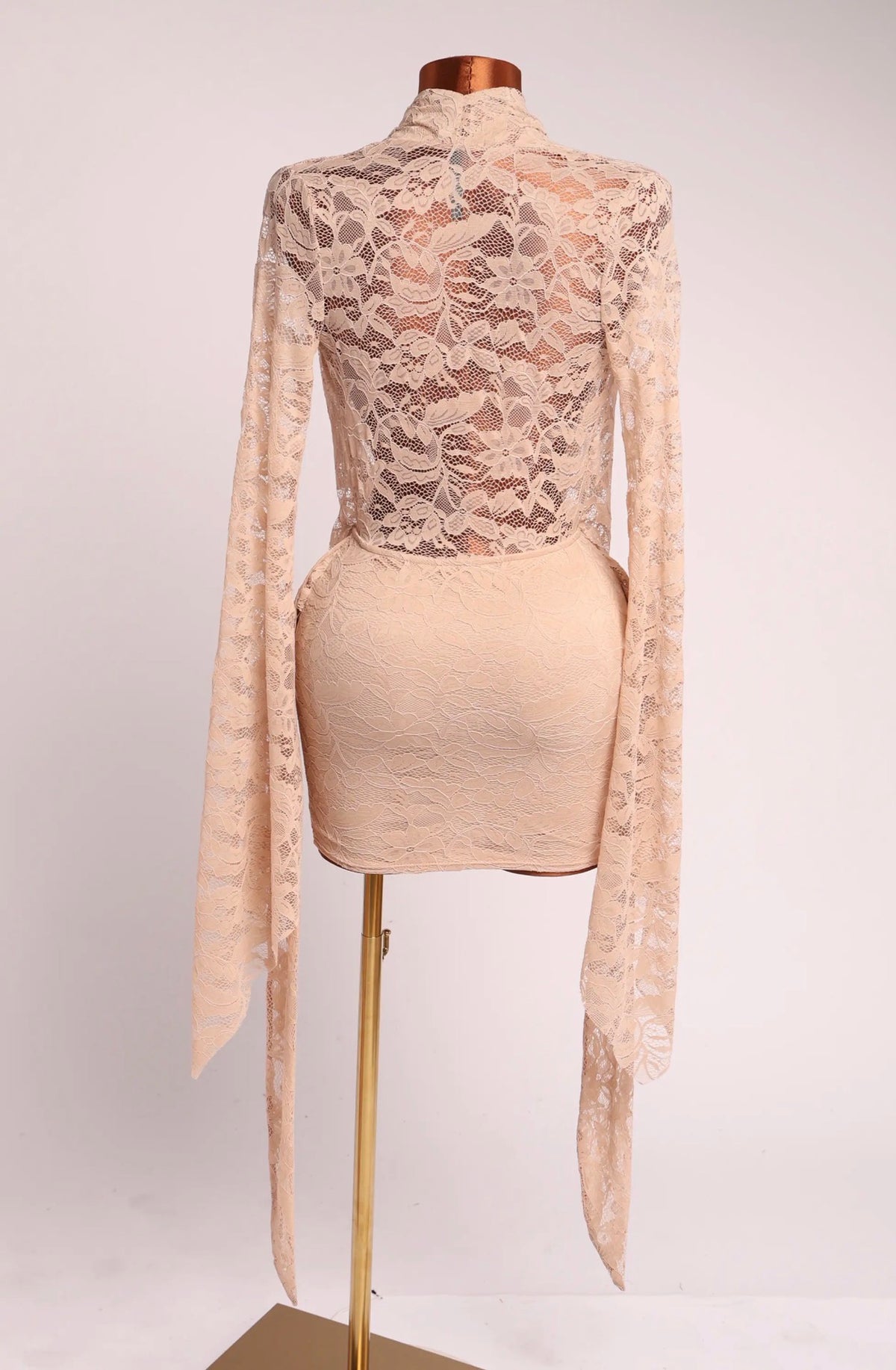 Elegant Floral Lace Draped Mini Dress Long Sleeve