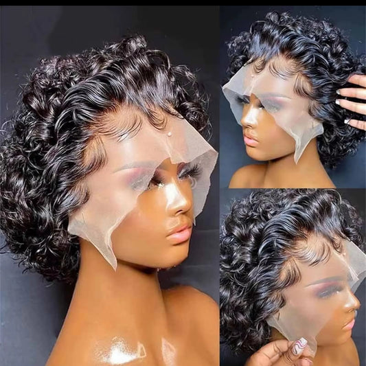 Short Curly Lace 100% Human Hair Front Wig 13x4 Natural Black 6 inches