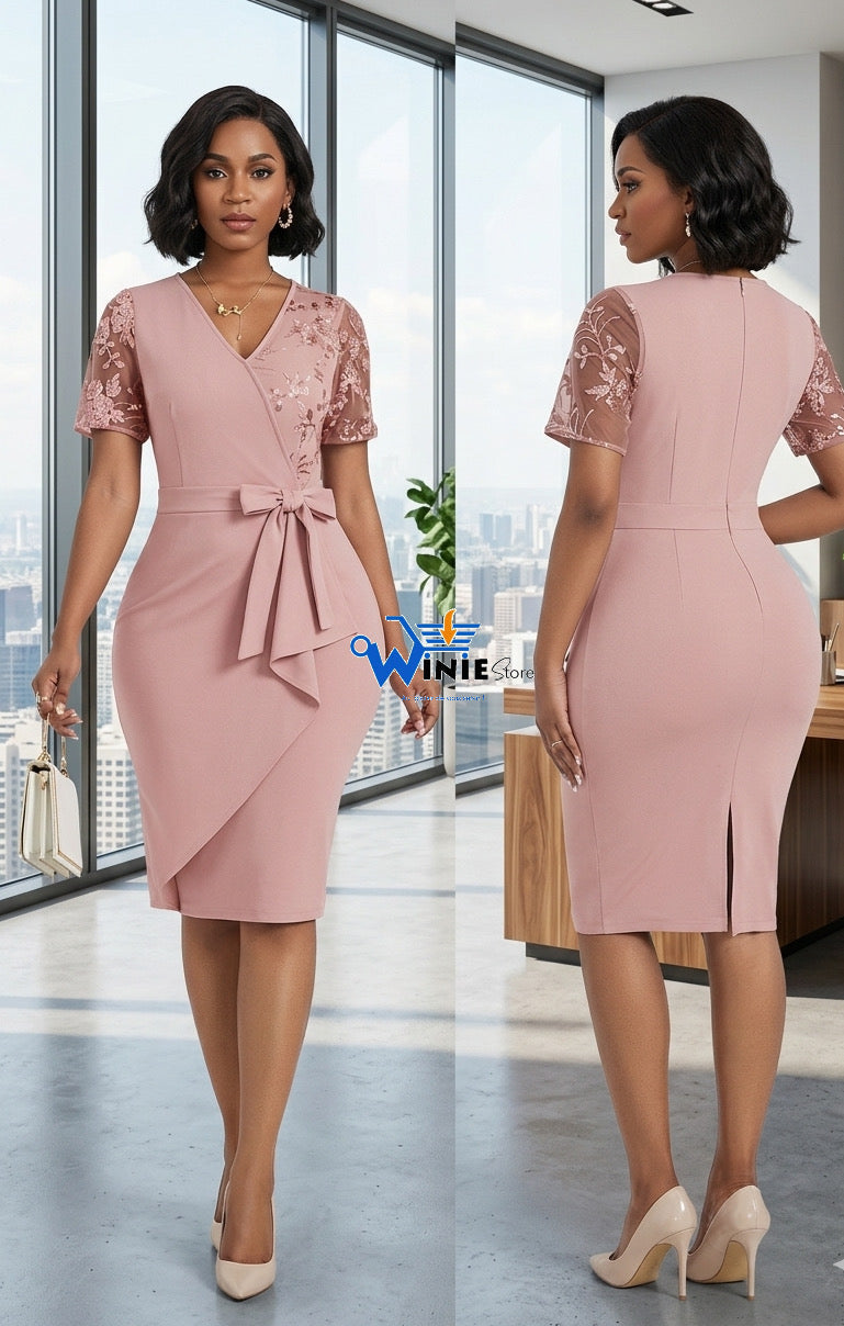 Elegant Blush Pink Lace Sleeve Wrap Midi Dress