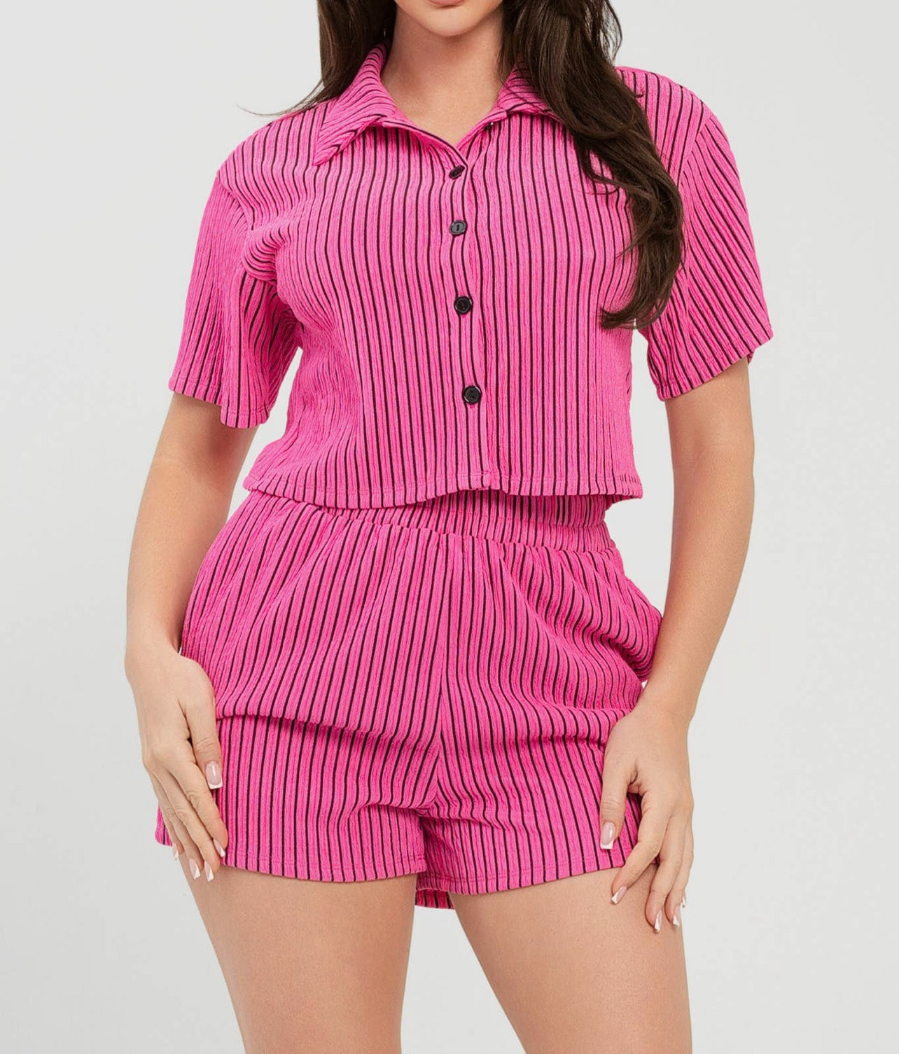 Ribbed Button-Up Shirt & Shorts Lounge Set