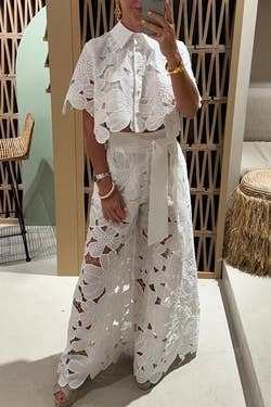 Crochet Floral Lace Button-down shirts & wide leg pant set Chic & Elegant