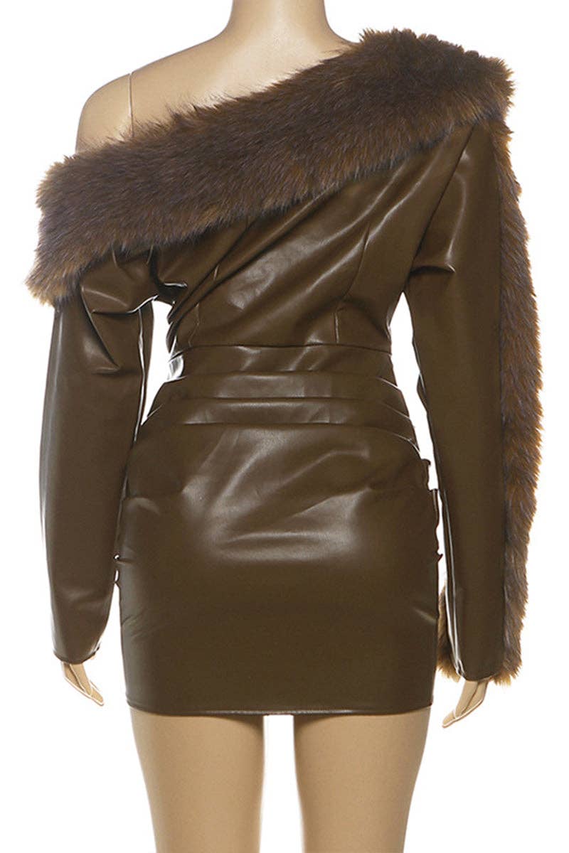 Off-Shoulder Faux Leather Fur Trim Mini Dress