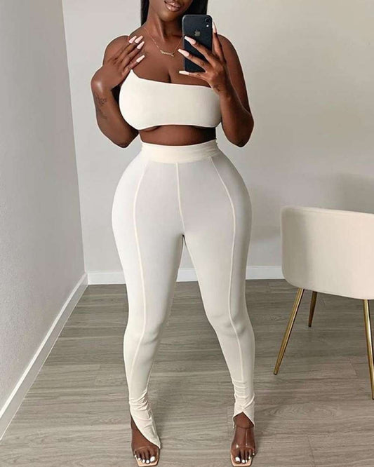 Minimalist Ribbed Two-Piece Set- Tube Crop Top & High-Waist Leggings