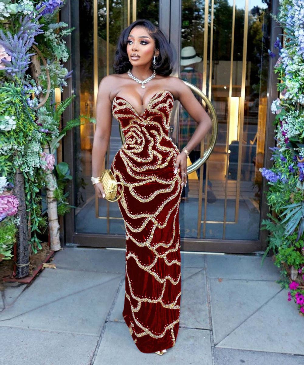 Royal Beaded Strapless Maxi Gown