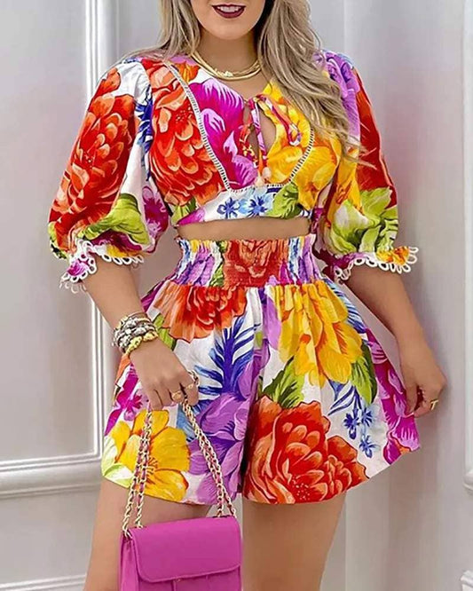 Floral print two-pieces Crop Top & High-Waist Shorts