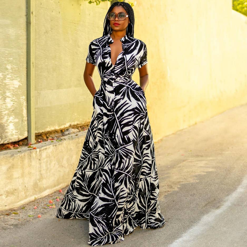 Island Baddie Slit Maxi Dress- Tropical Print
