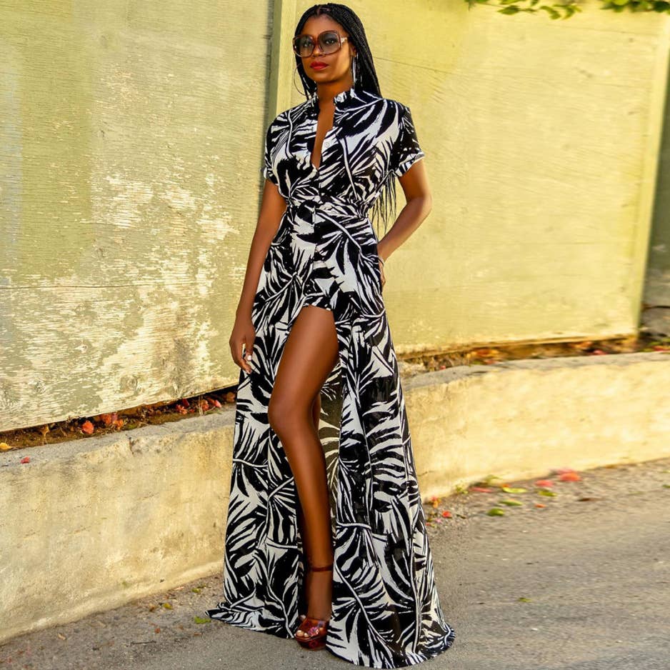 Island Baddie Slit Maxi Dress- Tropical Print
