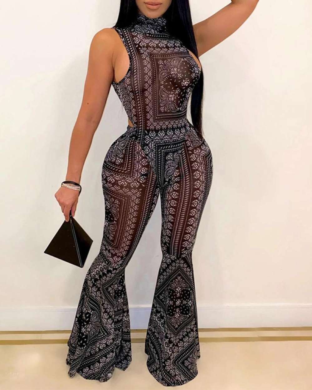 Sexy Sleeveless Flare BodySuit Bandanna Print