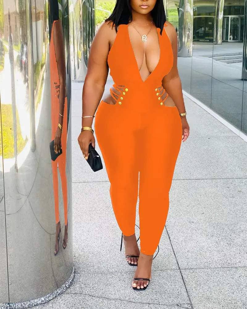 Deep V Cutout Jumpsuit - Sexy Sleeveless Bodycon