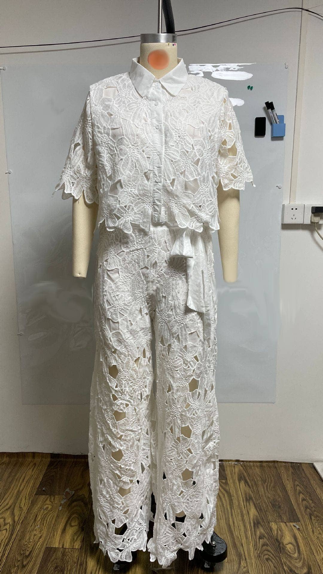 Crochet Floral Lace Button-down shirts & wide leg pant set Chic & Elegant